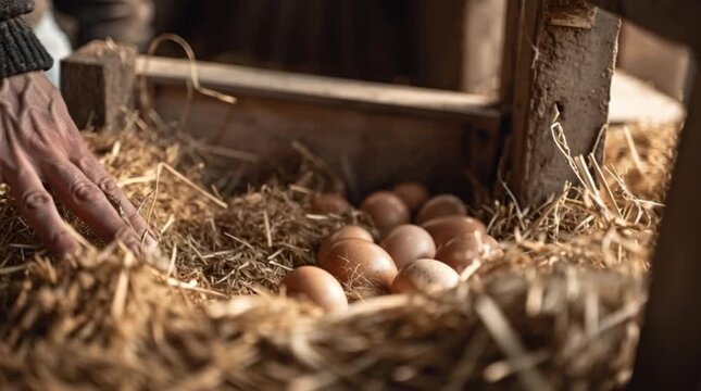 Brown eggs nestled in straw within a wooden nesting box.