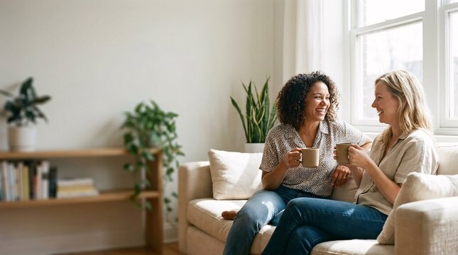 Two happy diverse women enjoying a warm, authentic conversation on a comfortable sofa at home, sharing moments and laughter during a casual gathering