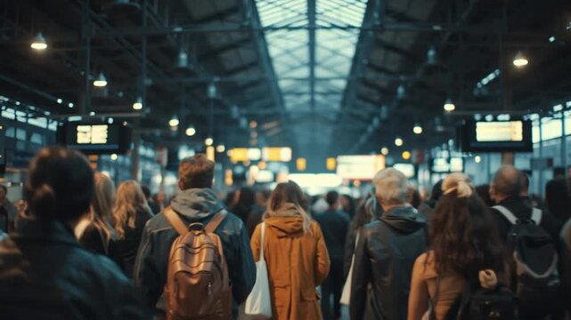 People walking past the camera at a busy train station, captured in 4K video from a rear viewpoint.