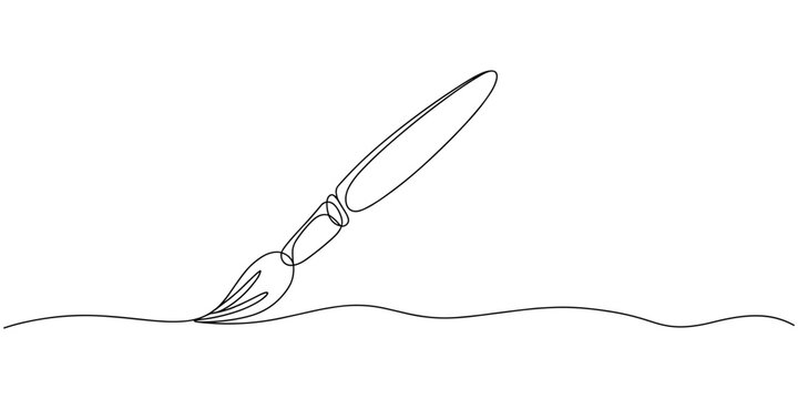 Paintbrush continuous line art, One continuous line of a paint brush for painting. Line art of a tool with a wooden handle and thick bristles. Drawing in one line style with a black stroke on a white