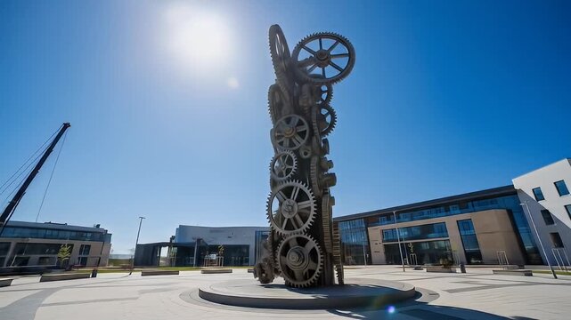 A towering sculpture of interlocking gears under a bright sun in a modern urban plaza