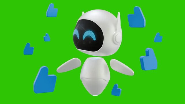 3D white robot mascot expresses joy and digital approval as blue thumbs up symbols float around its head in an animated loop. He is receiving positive social media feedback and digital engagement.