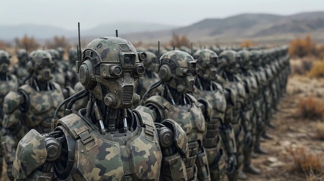 Futuristic military robot army wearing camouflage armor standing in formation on a barren wasteland.