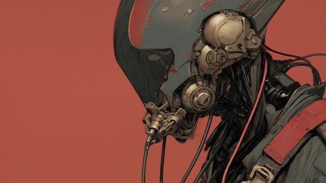 Cybernetic warrior stands ready with advanced helmet and machinery against a red background, illustration