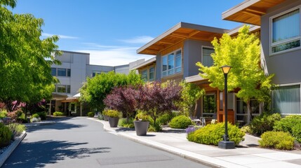 Fototapeta premium Modern Architectural Landscape of Residential Complex Surrounded by Lush Greenery in Bright Sunlight