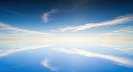 Obraz premium Perfectly still water surface reflects the clear sky, creating a beautiful mirror image of serenity, peace, and natural calm, harmony, liquid, nature