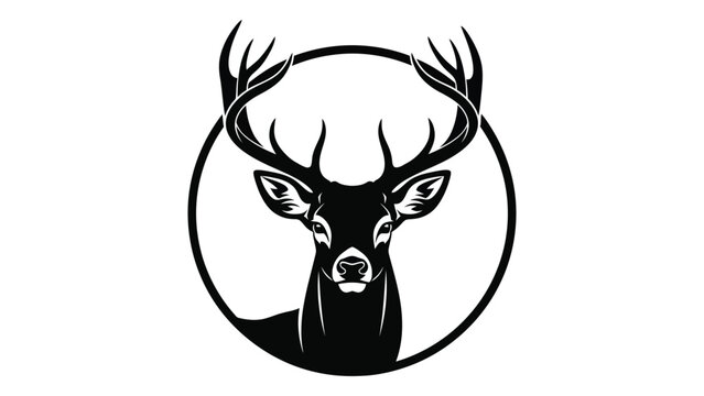 A black and white image of a deer head in a circle isolated on white background, Vector