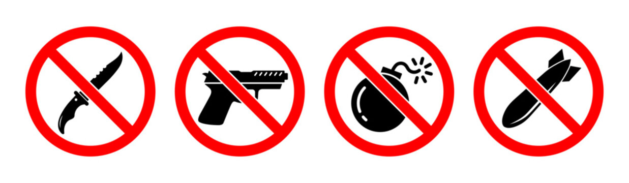 No weapons prohibited signs set, No knife, gun, bomb, missile forbidden warning signs vector illustration