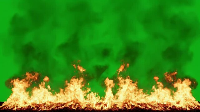 Fiery flames erupt from the ground, obscured by green smoke, creating a dramatic, hellish scene