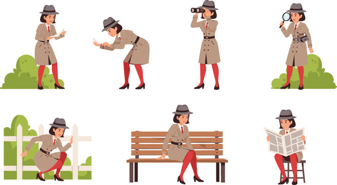 Female Detective Character Vector Set with Woman Spy in Trench Coat Investigating, Observing and Reading Isolated Cartoon Collection