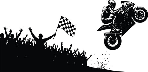 Motorcycle stunt silhouette jumping over cheering crowd with checkered flag motorsport racing event illustration © MDBELAL