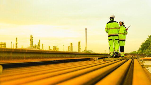 Petrochemical engineers in full PPE inspect pipeline infrastructure at a refinery. The team is conducting a site survey of the oil and gas terminal during evening operations.
