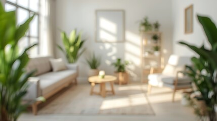 Generative AI Modern Bright Living Room Interior with Natural Sunlight and Indoor Plants
