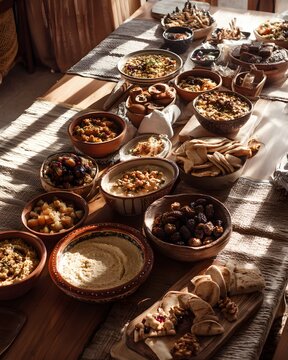 Authentic Middle Eastern Ramadan iftar feast with hummus, pita bread, dates and traditional dishes on rustic wooden table, warm natural light, vertical food photography.