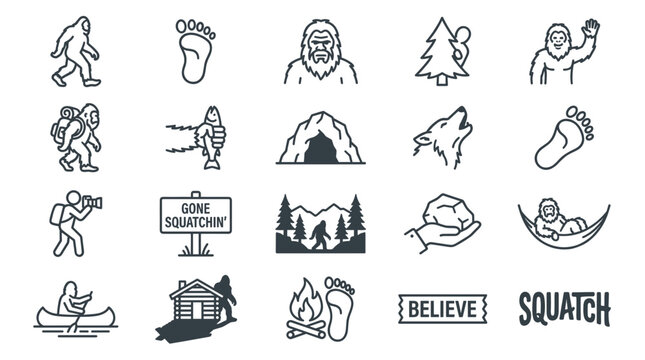 Sasquatch and bigfoot outline vector icon set, wild yeti monster camping and forest elements illustration, footprint, cave, pine tree, campfire, canoe line art graphic design.