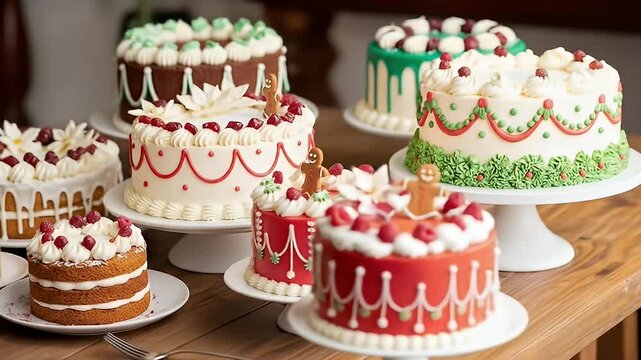Varied collection of decorated cakes on stands, featuring festive, colorful icing details