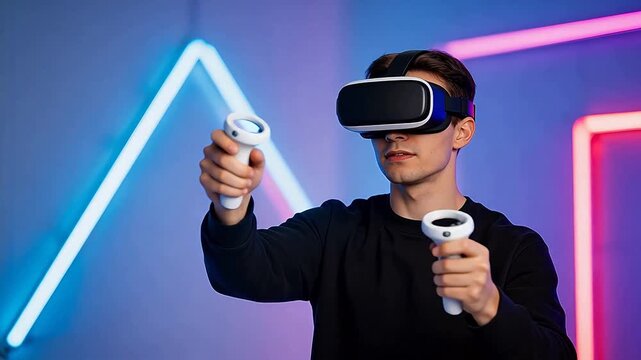 Man using VR headset with controllers