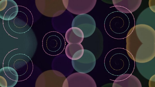 A captivating visual representation of swirling circles and spheres in various colors against a dark background from a frontal viewpoint