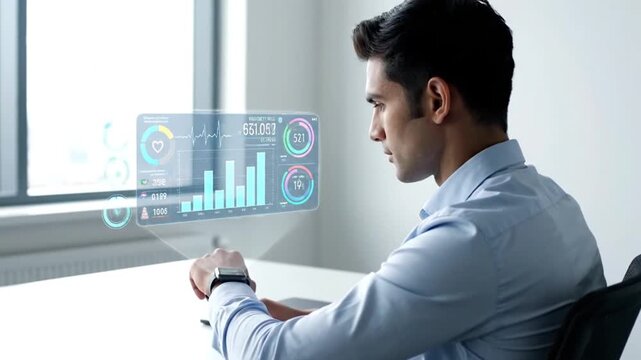 A businessman uses a finger to touch a digital tablet screen in an office, representing a future concept of success through internet technology and communication