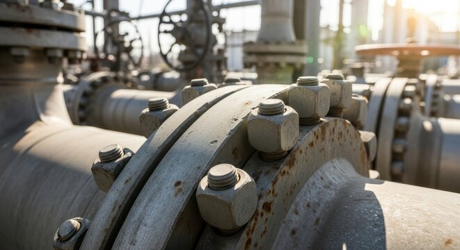 Industrial Pipeline System - Close-Up of Flanges and Bolts.