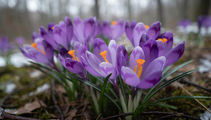 close up Beautiful early spring flowers of purple crocuses bloom in the forest