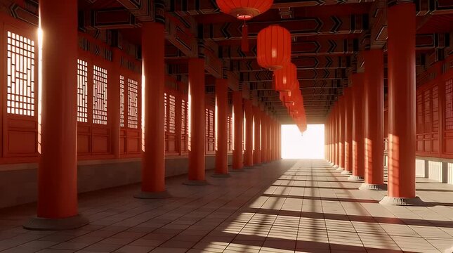 Long corridor featuring rows of vibrant orange architectural columns and illuminated paper lanterns leading toward a bright horizon light source