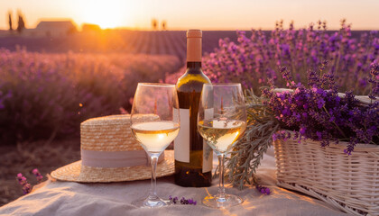Two glasses with white wine and bottle on background of a lavender field. Straw hat and basket with flowers lavender on a blanket on picnic. Romantic evening in sunset rays. 
