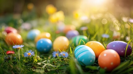 Painted Easter eggs in grass with warm sunlight