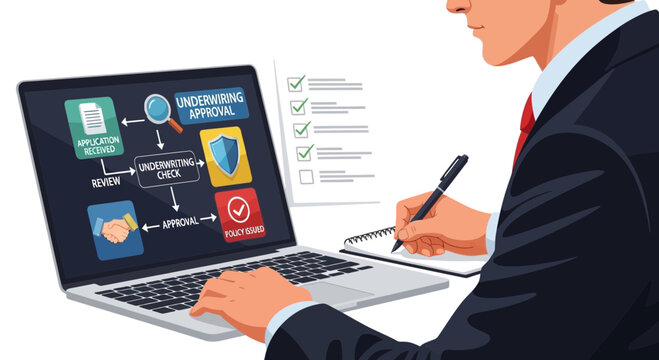 Businessman working on laptop computer with underwriting approval icons