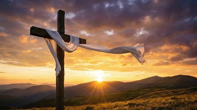Wooden Cross with White Cloth at Sunrise