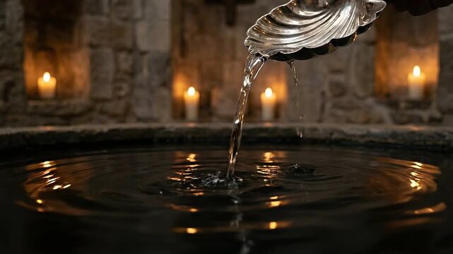 Crystal Clear Water Poured From Silver Shell Into A Pool