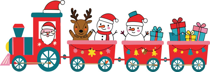 Christmas train with Santa Claus snowman reindeer and gifts flat vector illustration festive holiday cartoon design © Sumon Creative