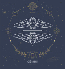 Naklejka premium Modern magic witchcraft card with astrology Gemini zodiac sign characteristic. Vector illustration
