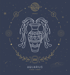 Naklejka premium Modern magic witchcraft card with astrology Aquarius zodiac sign characteristic. Vector illustration