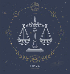 Naklejka premium Modern magic witchcraft card with astrology Libra zodiac sign characteristic. Vector illustration