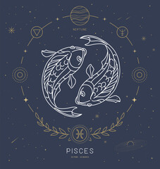 Naklejka premium Modern magic witchcraft card with astrology Pisces zodiac sign characteristic. Vector illustration