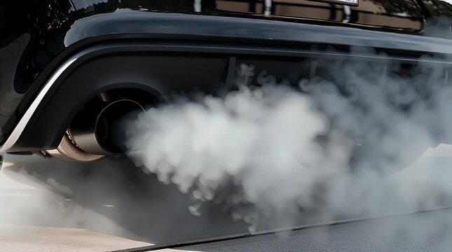 Thick white smoke billows from the exhaust pipe of a modern black car, highlighting environmental concerns and engine emissions contributing to air pollution and global warming challenges.