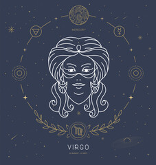 Naklejka premium Modern magic witchcraft card with astrology Virgo zodiac sign characteristic. Vector illustration