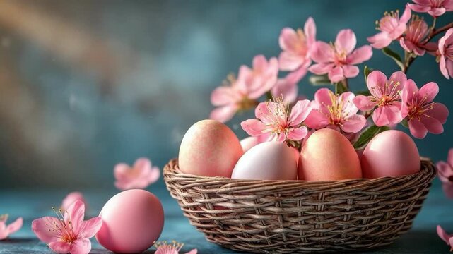A close-up, high-angle shot of a rustic woven basket filled with soft pink Easter eggs and delicate pink blossoms. Several petals and flowers appear to be floating or falling around the basket against
