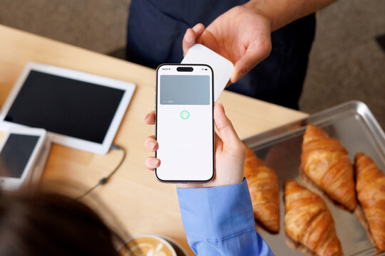 Smartphone Paying via Square Reader. Mockup Phone with white screen