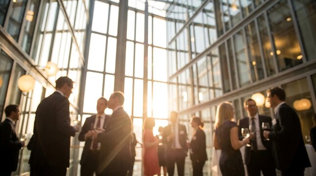 Business professionals network and socialize in a modern, sunlit corporate atrium, bathed in warm light from large glass architecture.