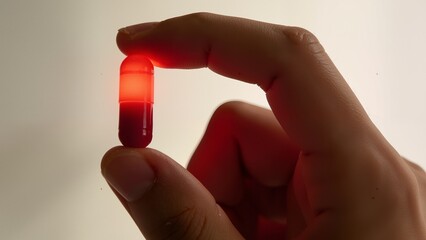 Hand holding glowing red pill