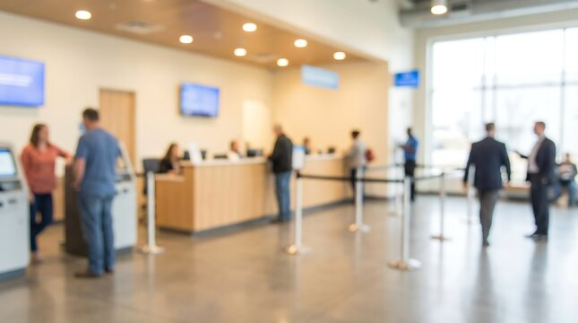 A blurred, bustling modern bank lobby showcasing various customers engaged in financial transactions at teller windows and self-service kiosks, creating an abstract and dynamic atmosphere.