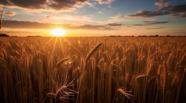 Golden rays of sun illuminate a vast field of ripening wheat, creating a stunning agricultural landscape during a beautiful summer sunset, symbolizing nature's bounty and serene beauty.