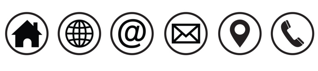 Black circular contact icons: home, globe, email, message, location, phone. © WASIF-MEHMOOD