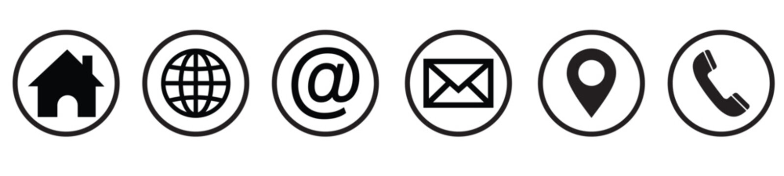 Black circular contact icons: home, globe, email, message, location, phone.