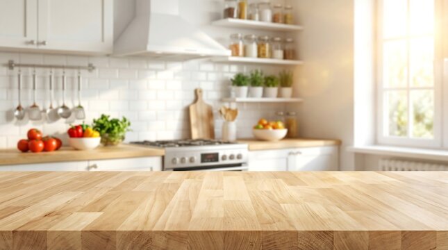 A sunny, modern kitchen showcasing a clean wooden countertop in the foreground, perfect for cooking, food preparation, and product display.