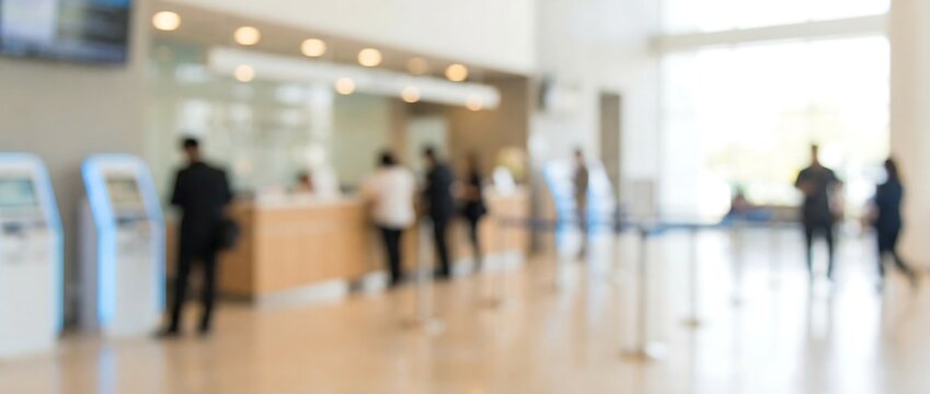 A blurred scene captures a busy bank or reception area, featuring diverse customers and staff interacting at various service counters, reflecting efficient public service.