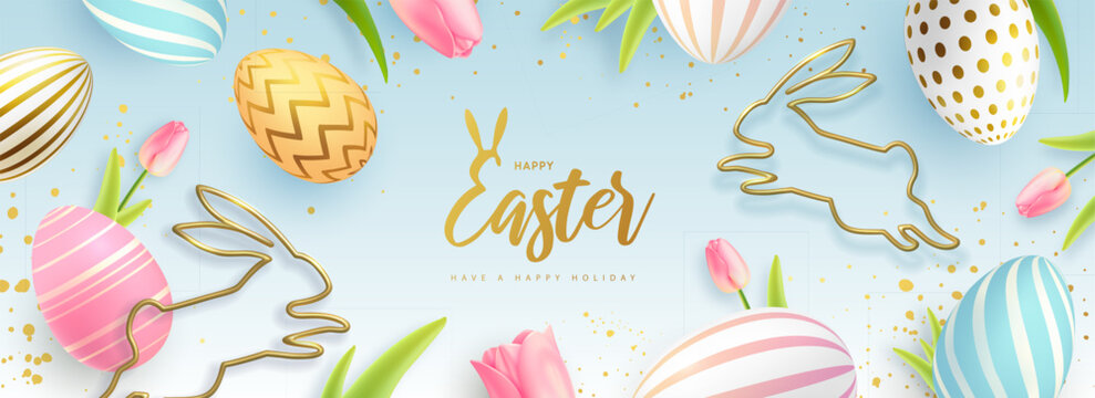 Happy Easter background with colorful easter eggs, golden rabbit silhouettes and tulips. Holiday greeting card or poster. Vector illustration