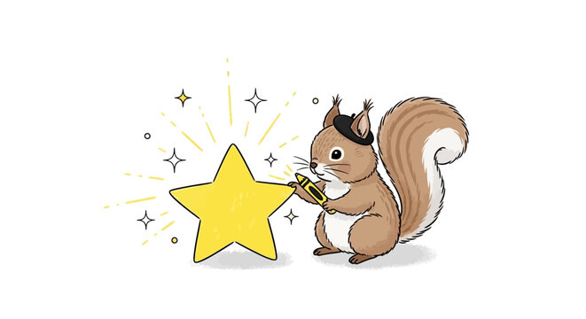 Cute squirrel wearing glasses drawing a bright yellow star with crayon